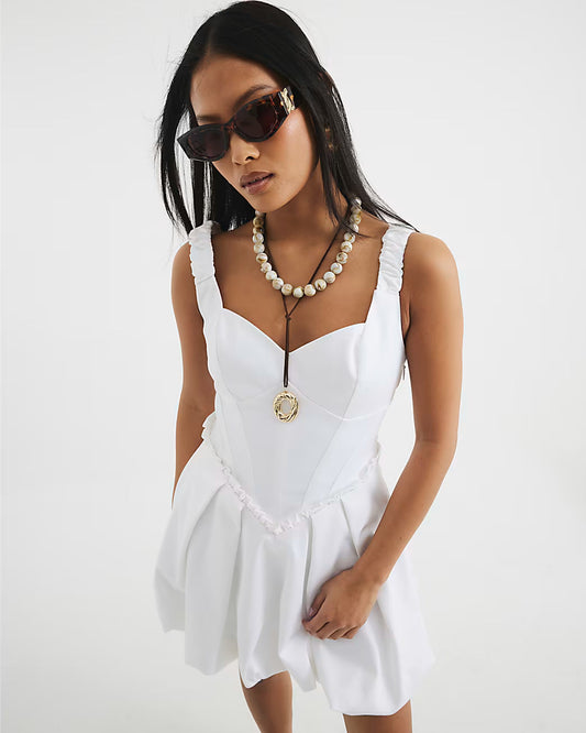 Petite White Satin Bubble Hem Mini Dress