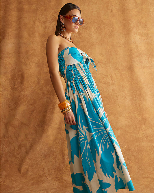 Blue Bandeau Poplin Midi Dress