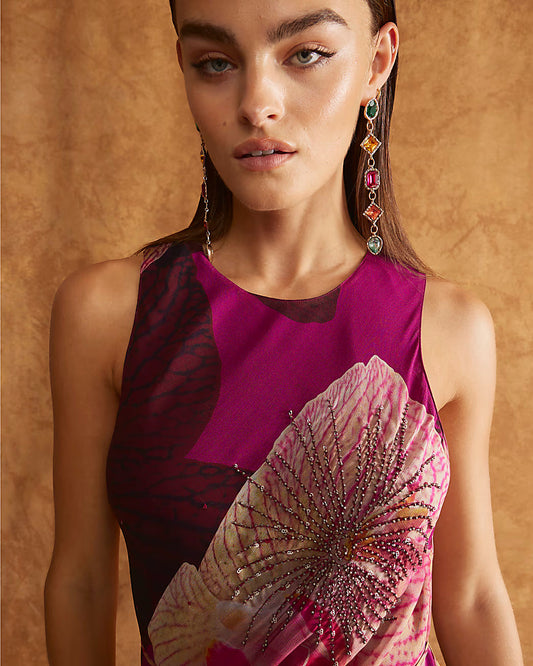 Red Embellished Floral Print Maxi Slip Dress