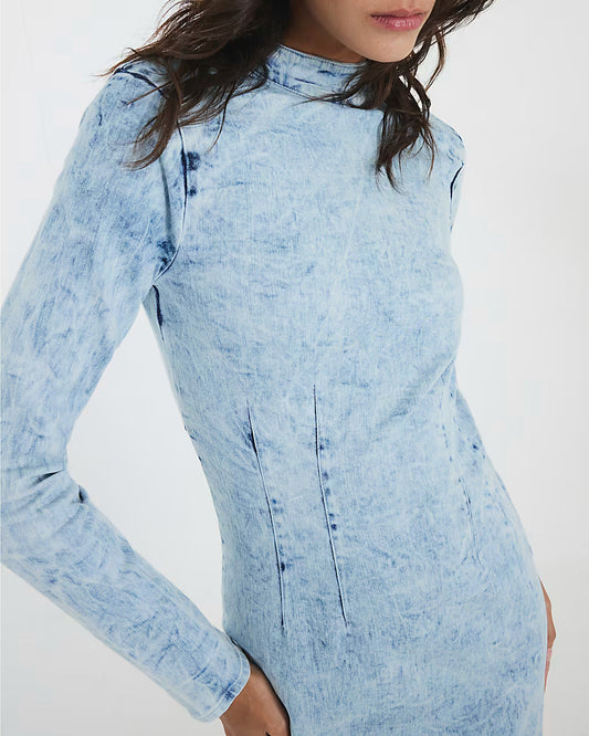 Blue Denim Long Sleeve Acid Wash Midi Dress