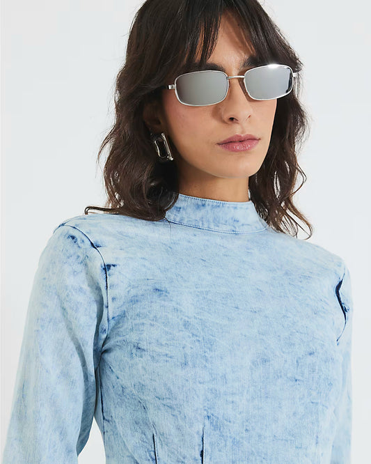 Blue Denim Long Sleeve Acid Wash Mini Dress