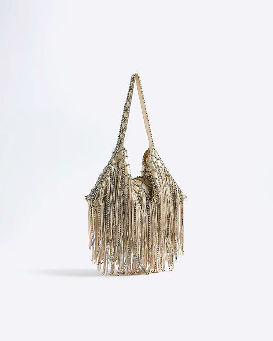Cream Premium Crystal Fringe Shoulder Bag