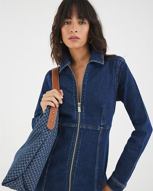 Blue Denim Long Sleeve Zip Front Mini Dress