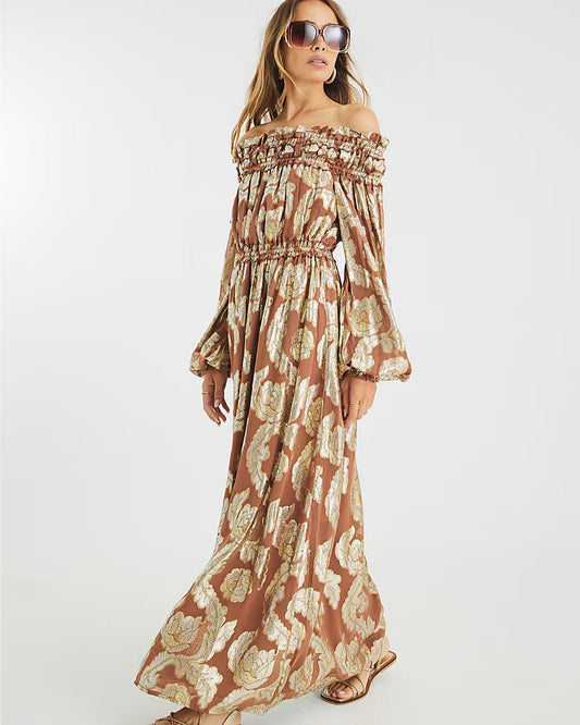 Brown Ruffled Gold Detail Bardot Maxi Dress