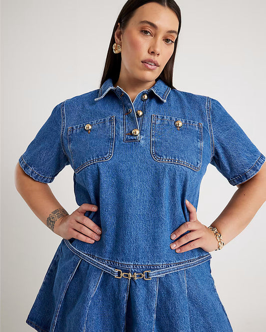 Blue Denim Short Sleeve Pleated Mini Dress