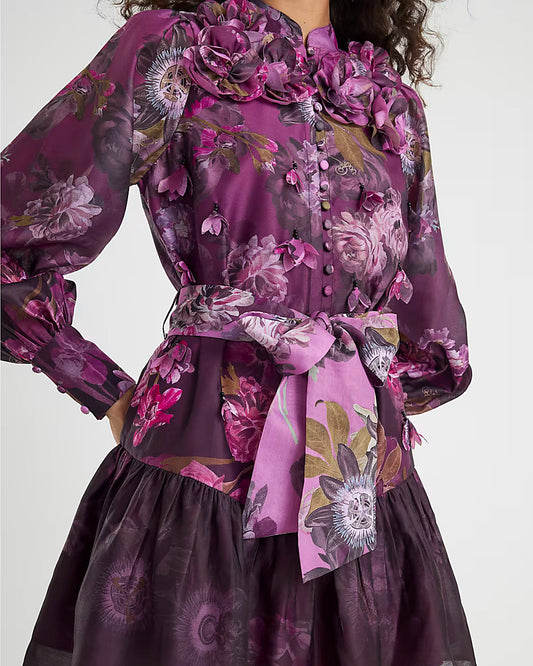 Purple 3D Floral Belted Mini Dress