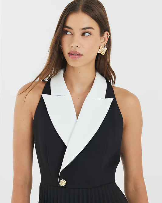 Black Collared Pleated Mini Dress