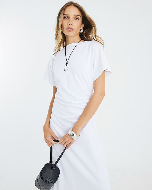 White Short Sleeve Drape Side Midi Dress