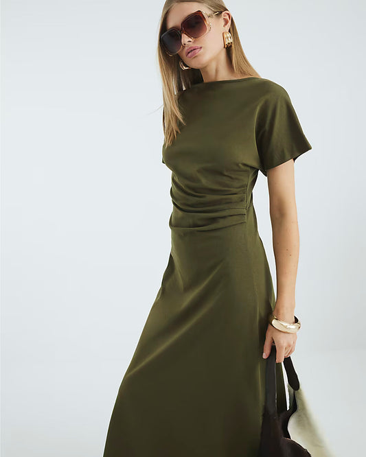 Green Short Sleeve Drape Side Midi Dress