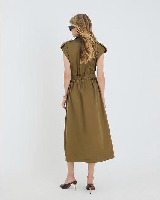 Khaki Utility Tie Front Midi Shirt Dress