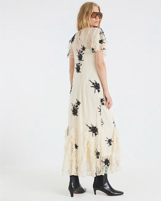 Beige Lace Embellished Maxi Dress