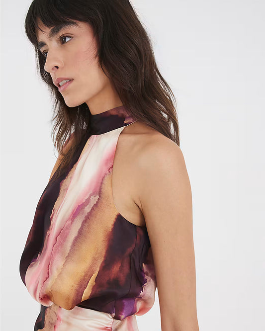 Pink Satin Printed High Neck Midi Dress