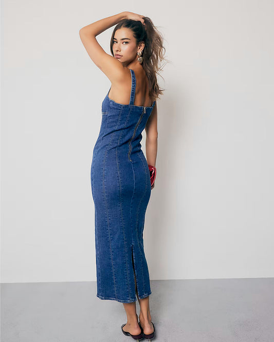 Blue Denim Plunge Neckline Bodycon Maxi Dress