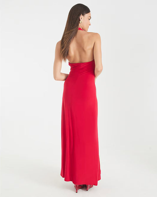 Red Cowl Neck Corsage Maxi Dress