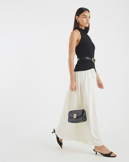 Black Sleeveless Belted Hybrid Midi Dress