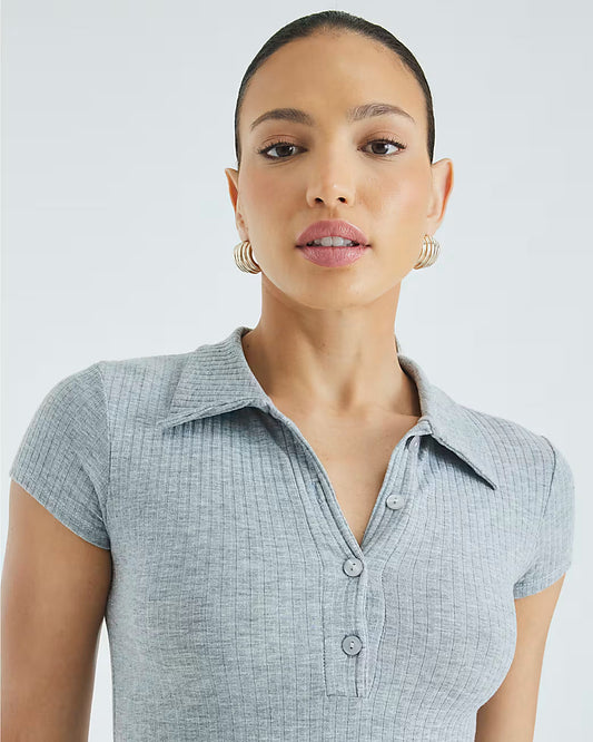 Grey Short Sleeve Button Polo Mini Dress