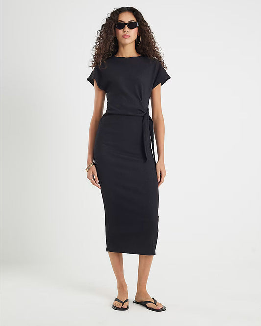Black Textured Tie Waist Midi Dress