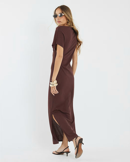 Brown Asymmetrical Ribbed Midi Dress