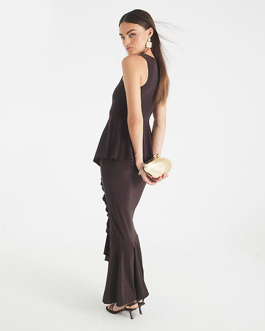 Brown Sleeveless Ruffle Front Maxi Dress