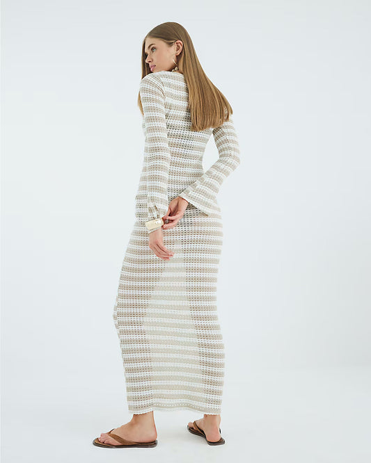 Beige Long Sleeve Stripe Tie Front Maxi Dress