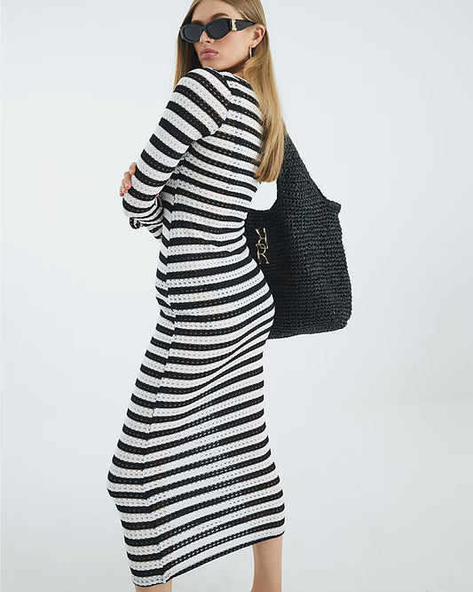 Black Long Sleeve Stripe Tie Front Maxi Dress