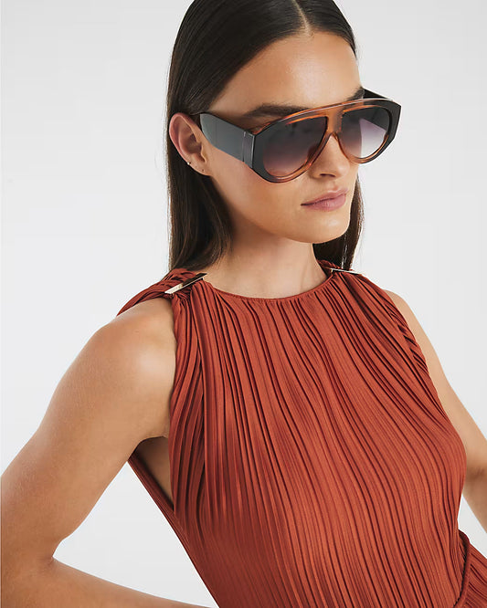 Orange Sleeveless Plisse Belted Midi Dress