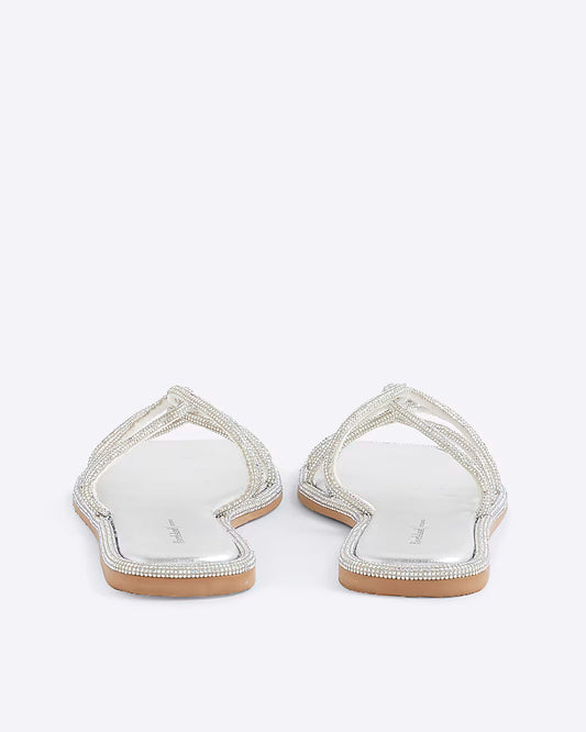Silver Embellished Twist Strap Flat Sandals