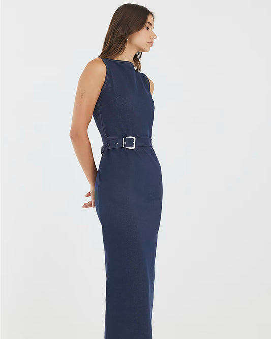 Blue Denim Twill Belted Midi Dress