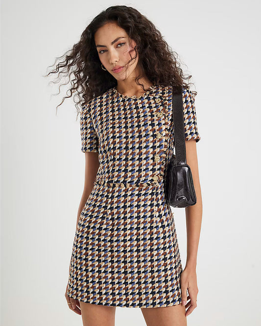 Brown Boucle Short Sleeve Check Mini Dress