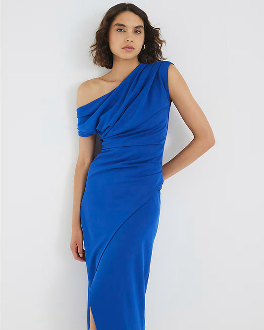 Blue Asymmetric Draped Wrap Midi Dress