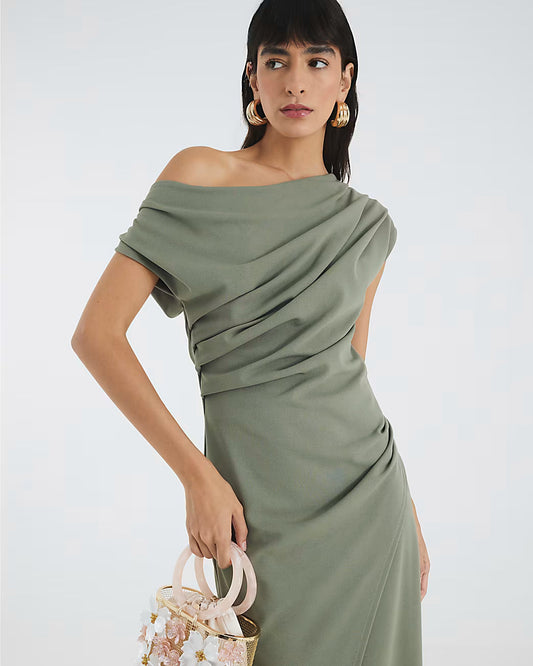 Khaki Asymmetric Draped Wrap Midi Dress