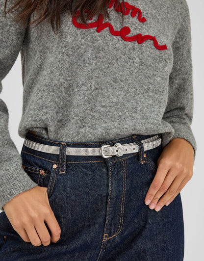 Slim Diamanté Belt Silver