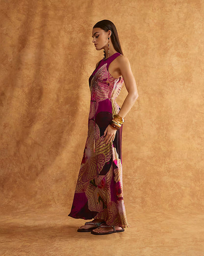 Red Embellished Floral Print Maxi Slip Dress