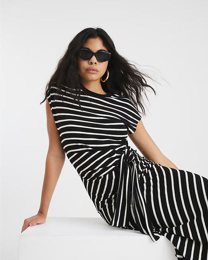 Black Stripe Knot Side Midi Dress