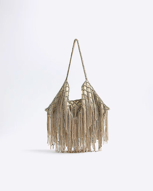Cream Premium Crystal Fringe Shoulder Bag