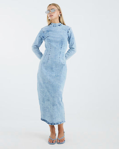 Petite Blue Denim Long Sleeve Midi Dress