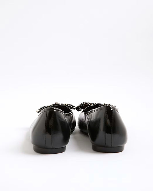 Black Wide Fit Chain Bow Ballet Pumps