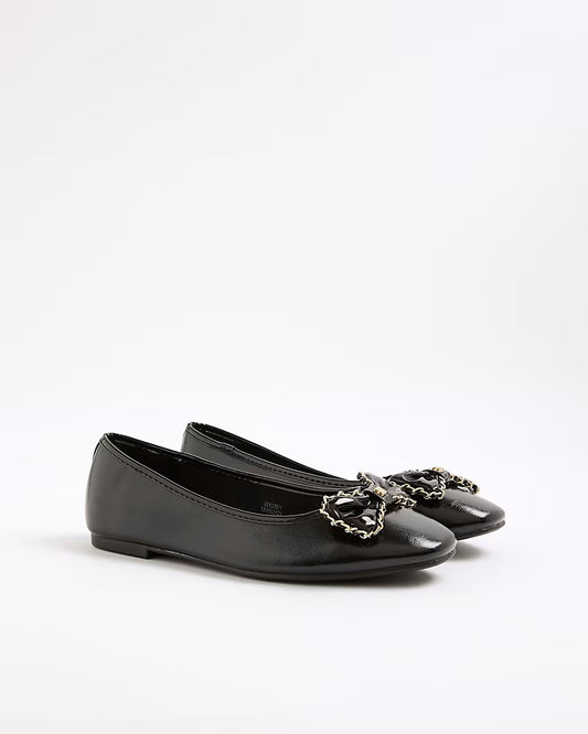 Black Wide Fit Chain Bow Ballet Pumps