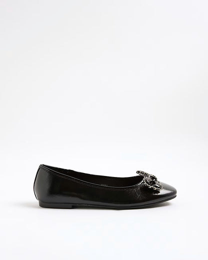 Black Wide Fit Chain Bow Ballet Pumps