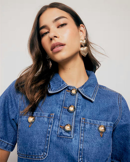 Blue Denim Short Sleeve Pleated Mini Dress