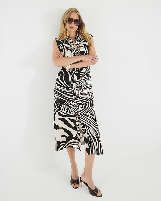 Black Zebra Print Midi Shirt Dress