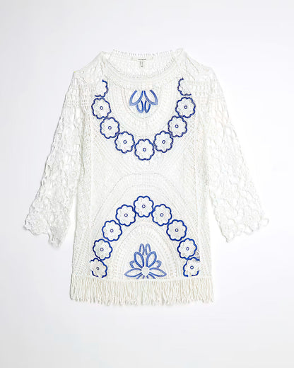 White Crochet Long Sleeve Mini Beach Dress