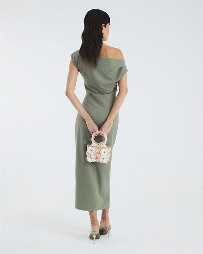 Khaki Asymmetric Draped Wrap Midi Dress